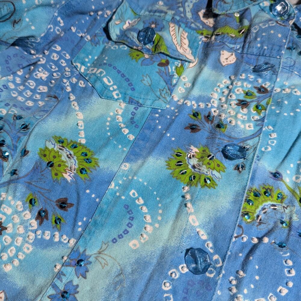 Vtg 1990s Keren Hart Blue Green Floral Print Beaded Button Up Cotton Jacket M - Picture 3 of 4